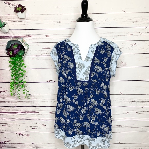 DR2 Daniel Rainn Blue Two Tone Boho Floral Blouse Top Size Small - Picture 1 of 9